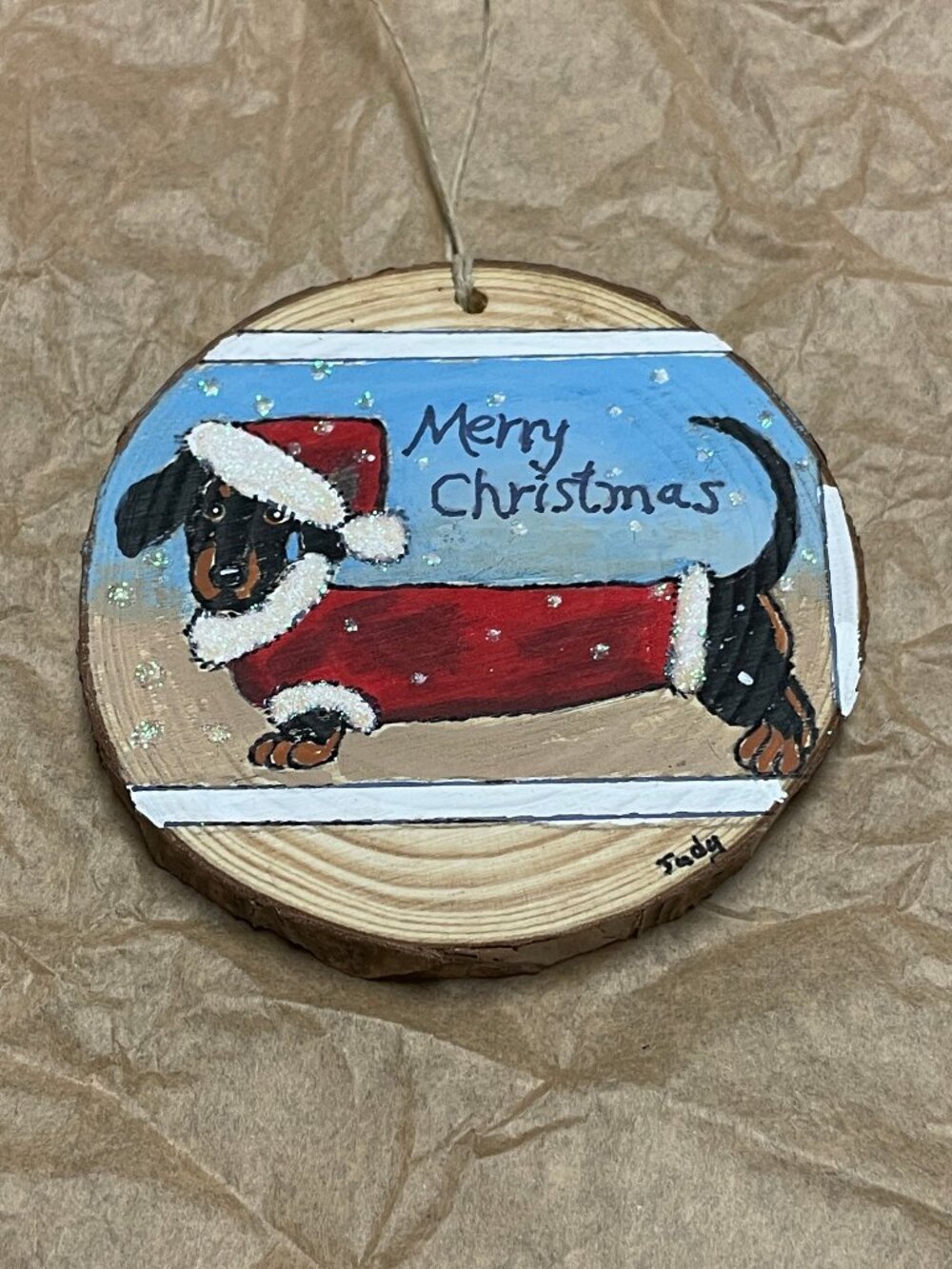 HANDPAINTED Christmas Ornament - Cute Dachshund Dressed Up ~3.5" Diameter